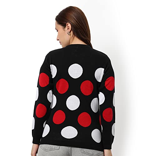 Image of Campus Sutra Women Black Polka Dot Regular Fit Sweater | Round Neck, Full Sleeve, Woolen Sweater for Women & Girls | Stylish Casual Winter Wear
