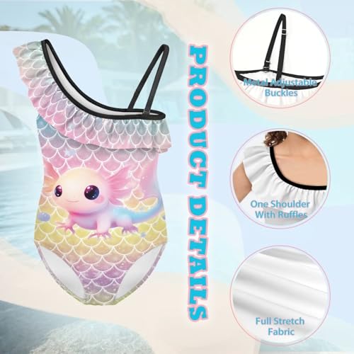 Image of Axolotl Mermaid Scale Girls Swimsuit One-Piece Bathing Suits Multicolor Kids Sport Summer Beach Swimwear for 6-12 Years Stretchy One-Shoulder Swimsuit for Outdoor