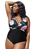 CUPSHE Women's Floral Twist V Neck Plus Size One Piece Swimsuit, 1X