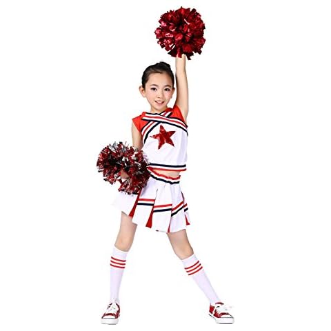 LOLANTA Girls Cheerleader Costume Kids Cheer Outfit with Pom Poms Socks Red Star white, 140 Cover
