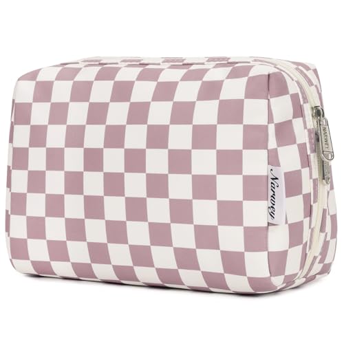 Narwey Checkered Makeup Bag Pink Travel Cosmetic Bag Organizer Toiletry Bag Make Up Bags with Compartments for Women Girls (Large, Dusty Rose Checkerboard)