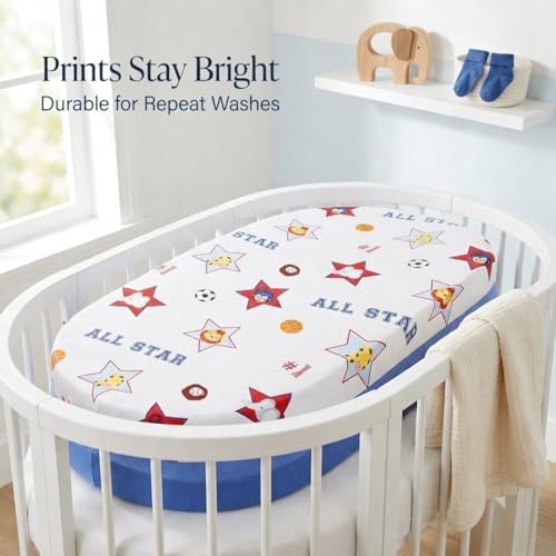 Image of 2-Pack Bassinet Sheets - 100% Cotton Percale Jungle Sports and Blue Bassinet Mattress Pad Fitted Sheet for Baby Boy; Compatible with Bassinet Bedside Co-Sleeper Lounger Brands; Oval Rectangle Mattress