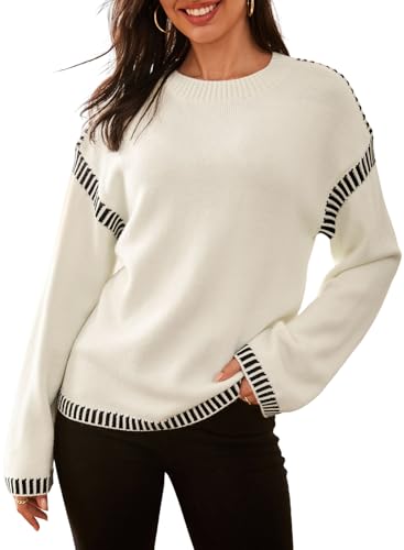 Image of Women's Crewneck Long Sleeve Sweater Casual Fall Contrast Ribbed Knit Pullover Jumper Tops