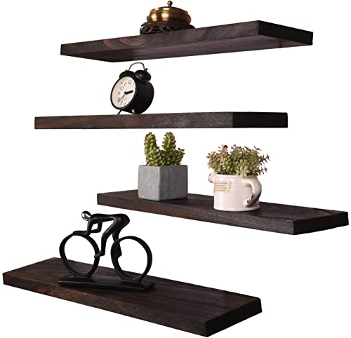 Image of HXSWY Wood Floating Shelves for Wall, Wooden Wall Shelves for Bedroom, Wall Mounted Shelves for Living Room, Set of 4 Brown 24 Inch
