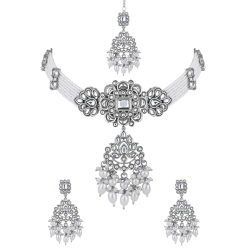 Image of I Jewels Traditional Kundan & Pearl Necklace Jewellery With Earrings & Maang Tikka Set For Women