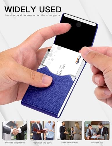 Image of Padike Professional Business Card Holder PU Leather Business Card Case Name Card Holder Slim Metal Pocket Card Holder with Magnetic Shut (Blue)
