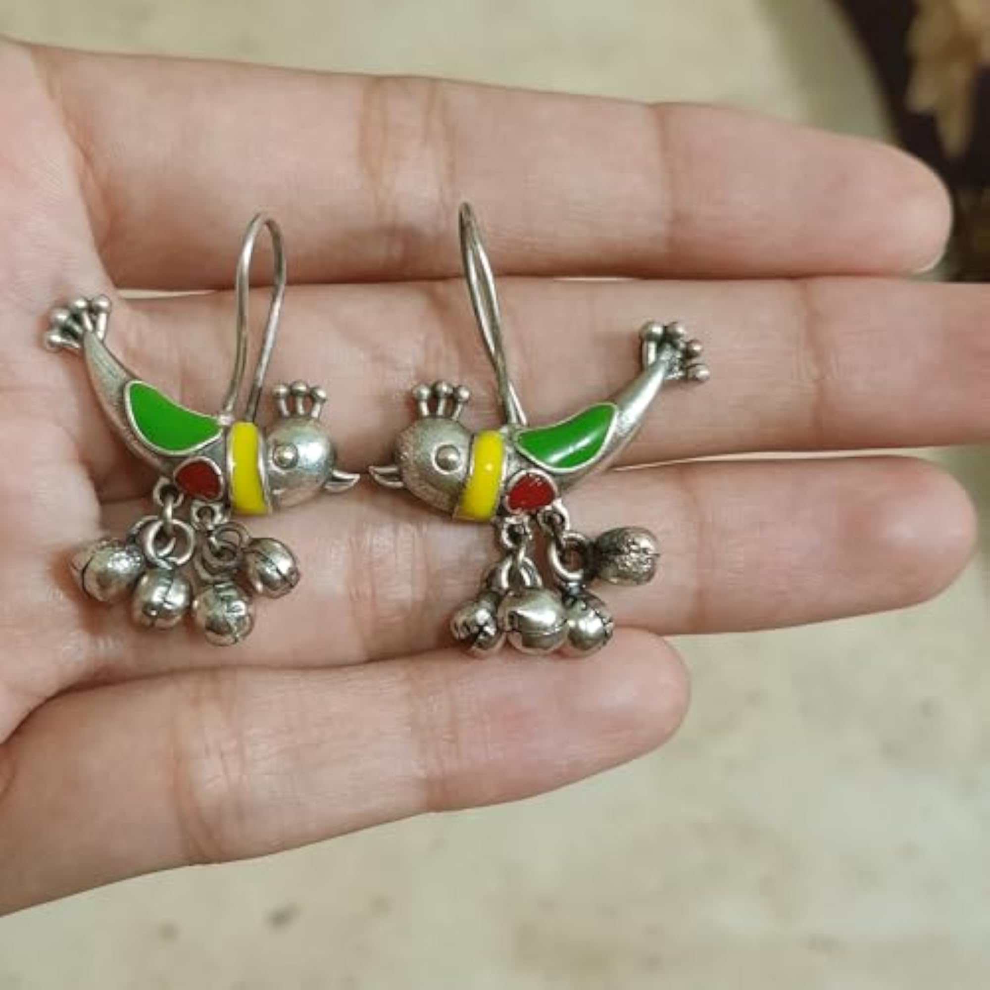 Women's Multi Colour Small Bird Design German-Silver Hook Earrings