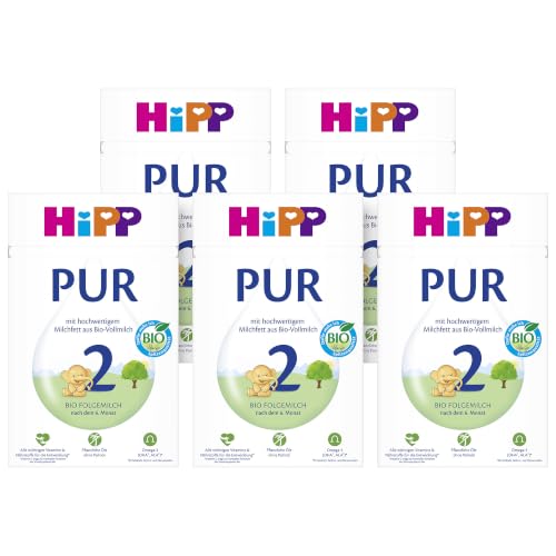 HiPP 2 PUR Folgemilch (5 x 500g), nach dem 6. Monat, mit hochwertigem Milchfett aus Bio-Vollmilch, ohne Palmöl, mit wichtigen Vitaminen & Nährstoffen und Omega 3 (DHA, ALA)