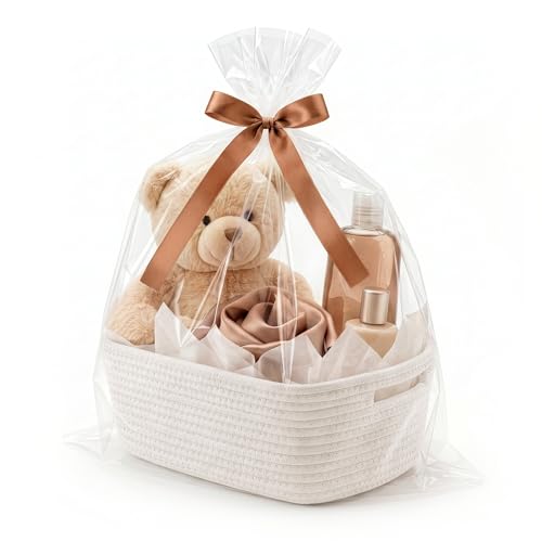 VIRETH HAUS Small Woven Basket with Gift Bag Ribbon Wrap Tissue Papers Empty Gift Baskets to Fill for Valentines Baby Shower Easter Christmas Day Decorative Storage Bins for Toys