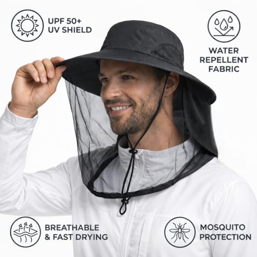 Image of Mosquito Hat with Netting, Mosquito Hats Lightweight Outdoor Fishing Hiking Camping Bug Net for Men & Women, Grey