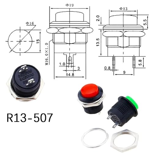 Interruptor pulsador momentáneo 16mm R13-507 redondo 6A 125V CA botón arcade pack 6 6