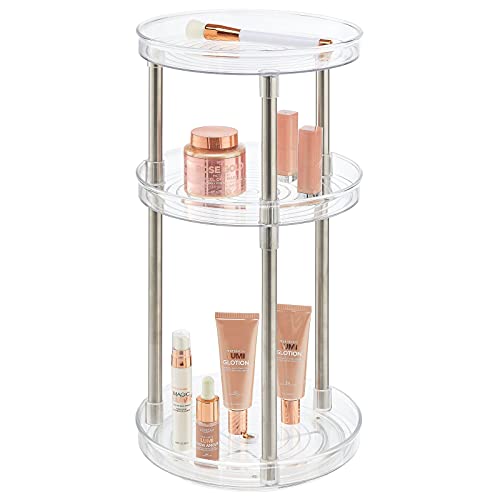 mDesign Spinning Tall 3-Tier Lazy Susan Makeup Turntable Storage Center Tray - Rotating Organizer for Bathroom Vanity Counter Tops, Dressing Tables, Cosmetic Stations, Dressers - Clear/Chrome