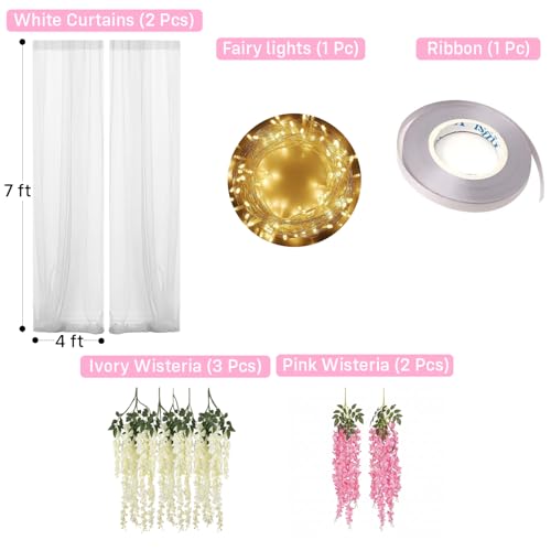 Image of Party Propz White Backdrop for Decorations with Artificial Ivory and Pink Wisteria Flower - 9 Pcs Net Curtain Backdrop Decoration for Wedding, Haldi, Puja, Birthday, Background Decoration Items