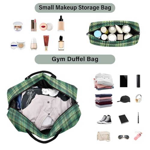Large Travel Duffel Bag Sports Tote Gym Bag Overnight Weekender Bags Check Plaid Green 2 Carry On Luggage with Toiletry Bags4