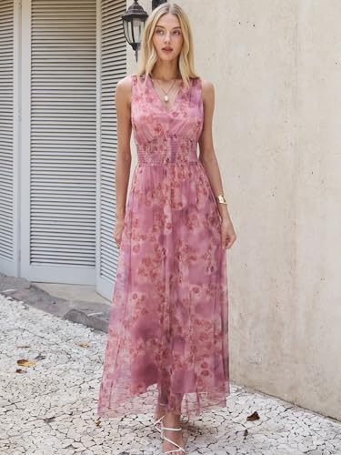 Image of ANRABESS Women's Floral Tulle Wedding Guest Maxi Dress | V Neck Sleeveless,A-Line Elastic Waist,Casual Flowy Formal Boho,Bridal Shower Garden Party Beach Vacation,Summer Fall