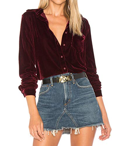 R.Vivimos Herbst Winter Frauen lässig Langarm V Hals Blusen Button Down Samt Sexy Tops Hemden mit Tasche (Medium,Weinrot) Cover
