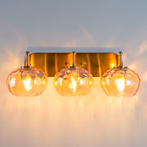 Image of 23 inch Brushed Gold Vanity Light Stained Amber Hammered Glass Wall Sconce 3-Light Brass Wall Lamp for Hallway Living Room Stairwell Bathroom Over Mirror