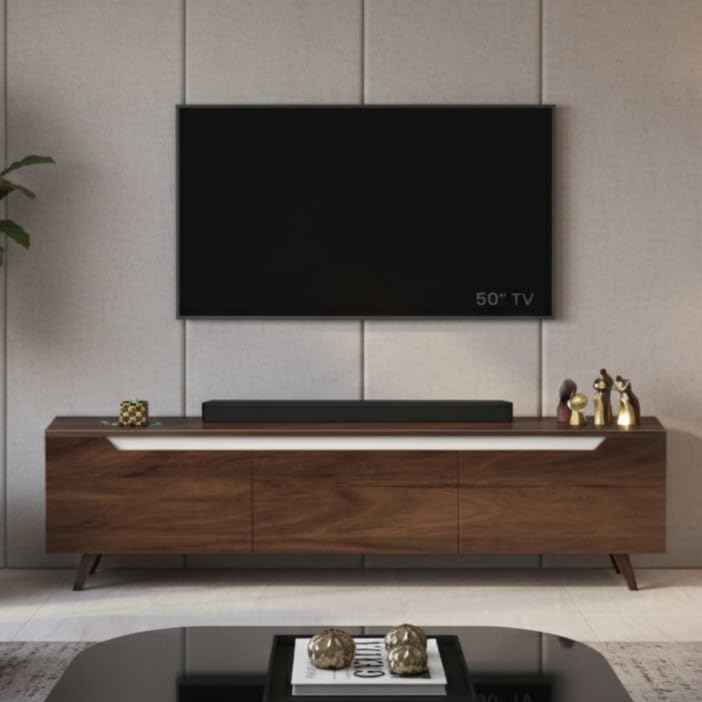 Image of Brito Engineering Wood Floor Standing TV Entertainment Unit Set Top Box Stand /TV Panel Cabinet Panel with Shelves for Books & Decor Display Unit, Upto 75 Inches (Classic Brown & White)