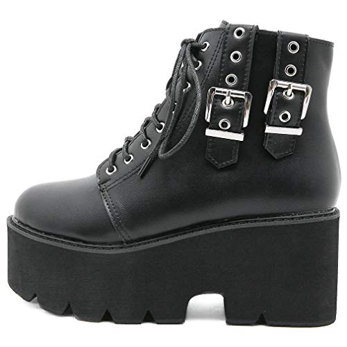 Image of Parisuit Womens Goth Patent Ankle Boots Platform Chunky Combat Boots | Lace Up, Gothic Boots, High Heel, Punk Short Booties, Buckle Boots, Chain Boots