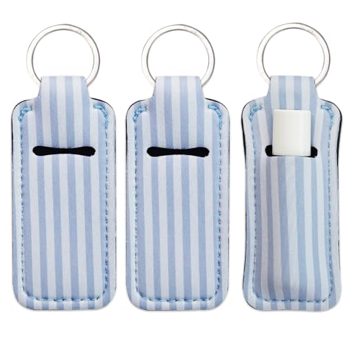Haevola Cute Chapstick Holder Keychain for Women Lip Balm & Lip Gloss Holder Keychain Accessories Gift Purse Charm Clip (Blue Stripes)