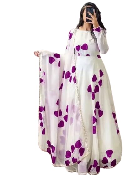 Women's Floral Printed Gown with Dupatta, A-Line Flared Fit, Ethnic Wedding Formal Dress, One Piece Long Frock-image-46