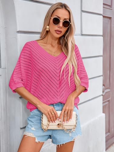 Image of Libsorge Womens Sexy V Neck 3 /4 Sleeve Sweater Spring 2025 Trendy Dressy Casual Outfits Lightweight Crochet Knit Pullover Top