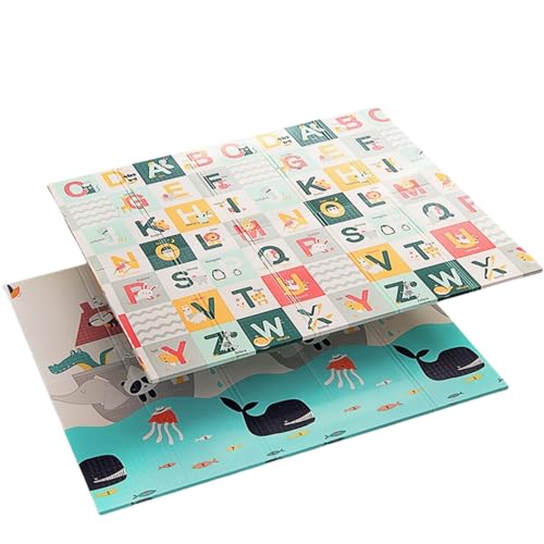 chengshuang 赤ちゃんマット プレイマット 折りたたみ式 ベビーマット 軽量折畳 衝撃緩和 収納便利 防水防汚 滑り止め コンパクト 200*180*1.5CM リバーシブル仕様 (アニマルノーティカル+アニマルアルファベット,180*160*1