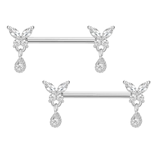 Gojewen 2er Brustwarzenpiercing Nippel Ring Barbell 14mm Chirurgenstahl Silber Brustpiercing Schmetterling Piercing Brustwarze Schmuck Damen Frau