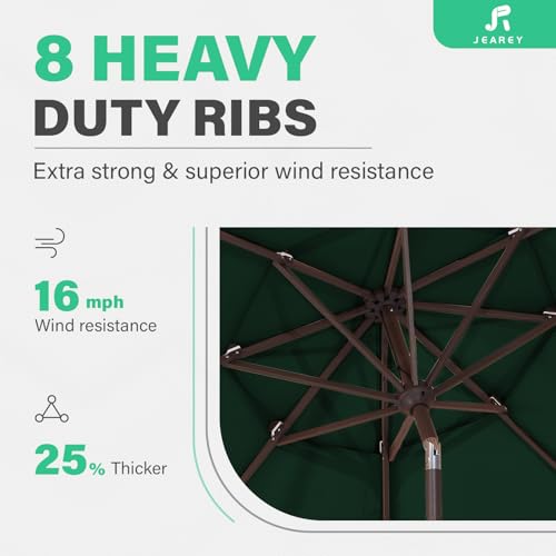 Image of JEAREY 9FT 3 Tier Patio Umbrella Outdoor Market Umbrella Table Umbrellas with 8 Ribs 1.5 Pole Push Button Tilt and Crank UV Protection for Garden,Dark Green
