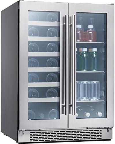 Zephyr 24" Wine Fridge & Beverage Refrigerator Dual Zone Under Counter - Mini Wine Cooler Cellars Small Beer Fridge Cabinet Drink Chiller Freestanding with French Glass Door for 21 Bottles & 64 Cans