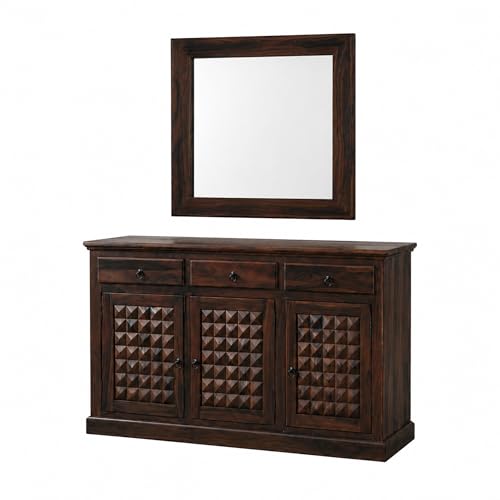 Image of SONA ART & CRAFTS Diamond Solid Sheesham Wood Bedroom Set | King Size Bed Without Storage, Wardrobe, Cabinet with Mirror & Two Bedside Tables - Walnut Finish (Assembly Included)