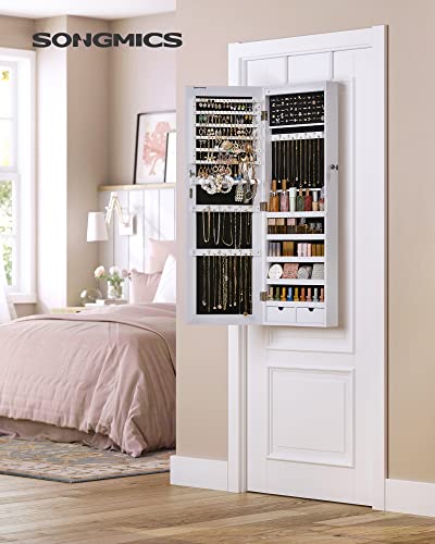 Image of SONGMICS Hanging Jewelry Cabinet, Wall-Mounted Cabinet with LED Interior Lights, Door-Mounted Jewelry Organizer, Full-Length Mirror, Gift Idea, White UJJC99WT