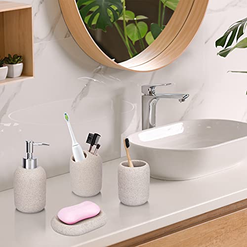 L'ARL GMVOI Bathroom Accessory Set,4 Piece Bathroom Decor Accessories Sets with Lotion Soap Dispenser,Toothbrush Holder,Bathroom Tumbler,Soap Dish for Bathroom Vanity Countertop Accessories,Beige