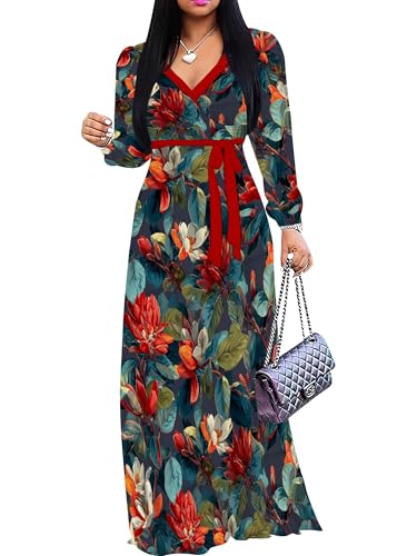 Image of SUZONANA Plus Size Dresses for Women Floral Print Maxi Dress Flowy 3 /4 Sleeve with Belt