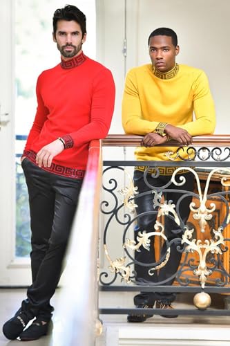 Barabas Men's Rhinestones Greek Key Pattern Turtleneck Sweater 2LS2106 Black Red 5XL3