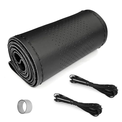Image of Hirificing Leather Steering Wheel Cover Wrap, Stitch on Lace Up, Universal 15 Inch Breathable Anti-Slip DIY Hand Sewn Car Steering Wheel Protector with Needle Thread kit(Black, Partially Hole)
