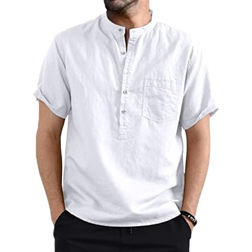 Zylphorix Men Solid Pocket Short Sleeve T-Shirt Solid Quarter Button Shirts for Normal Place Summer Round Neck Thin Pullover (White,XX-Large)
