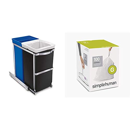 simplehuman 35 Liter / 9.3 Gallon Dual Compartment Under Counter Kitchen Cabinet Pull-Out Recycling Bin and Trash Can & Code G Custom Fit Drawstring Trash Bags, 30 Liter / 8 Gallon, White, 100 Count