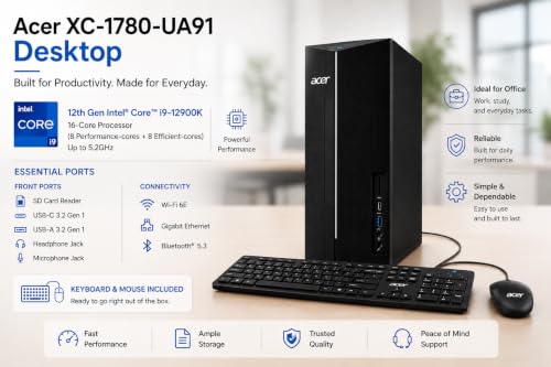 Image of Customized Acer Aspire Desktop Tower, Intel i9-12900K (16 Cores) for Advanced Multitasking, 16 /32 / 64GB RAM, 1 /2 / 3 / 4TB Storage, 2 x HDMI Support Dual 4K Monitor, Wins 11, Wired KB & Mouse