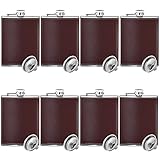 Brown Leather Hip Flask Stainless Steel with Funnel for Gift, Camping, Wedding Party, 8 Oz, Set of 8