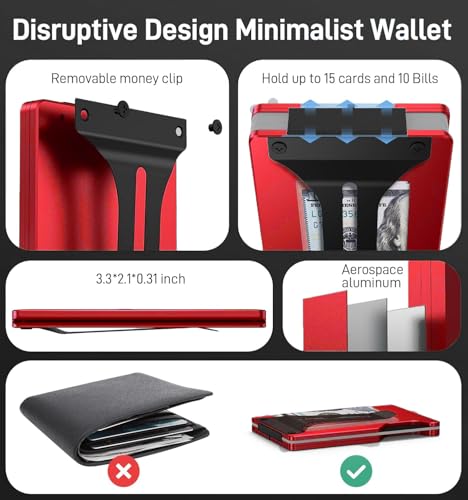 Image of Minimalist Wallet for Men, Slim Metal RFID Blocking Wallet Credit Card Holder Money Clip & Cash Strap, Scratch-Resistant Holds 15 Cards,Ideal Gift for Men | Matt Red