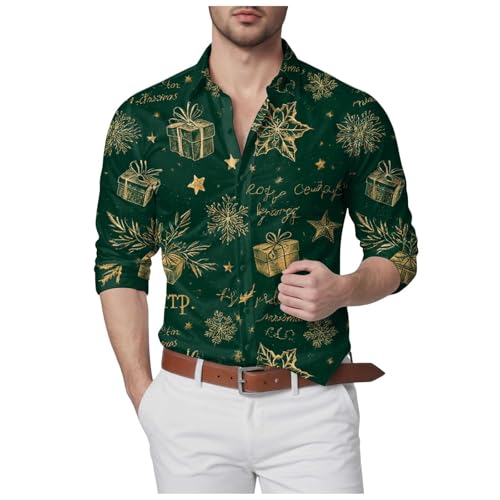 SHINEHUA Camisa de Natal homem padrão de pai Natal abotoadas para festas elegante com botões regular Fit disfarce de Natal camisa de pai Natal com estampado natalício para homem, Dark Verde, Médio