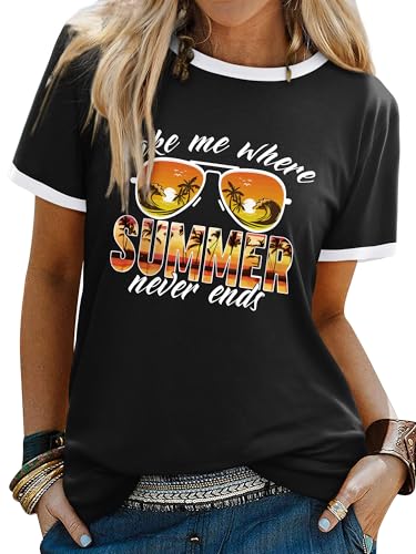 Dresswel Women Take Me Where Summer Never Ends T-Shirt Vintage Palm Graphic Print Short Sleeve Crew Neck Tee Shirts Ladies Summer Tops