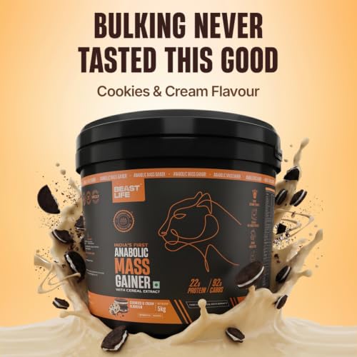 Image of BeastLife High Protein Mass /Weight Gainer | 5 KG | Cookies & Cream | NABL LAB Tested | For Muscle Gain & Fast Growth | Cereal-Based Formula, No Maltodextrin | India's #1 Cereal Based Bulk Gainer