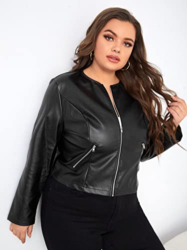 Makemechic Women's Plus Size Casual Faux Leather Zip Up Jacket Long Sleeve Pleather Coat Outerwear Black 1Xl #TOP2