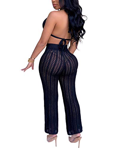 Salimdy Women Sexy Mesh See Through Crochet Bandeau Tops And Legging Pants 2 Piece Bikini Swimsuit Cover-Ups Beach Outfits Black Xl #TOP1