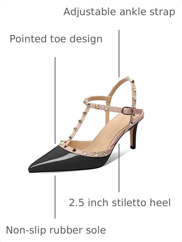 Image of XINIUNIU Studded Heels for Women Kitten Heels with Studs Stiletto Sandals with Rivet Ankle Strap Patent Leather Pointy Toe 2.5 Inch Party Daily Wear Evening Sandals