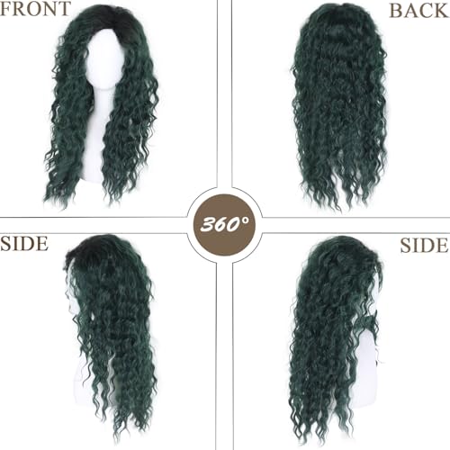 Image of GNIMEGIL Long Curly Wigs for Women Deep Emerald Green Ombre Wig with Fluffy Hairline Loose Hairstyle Synthetic Fiber Drag Queen Cosplay Halloween Costume Party