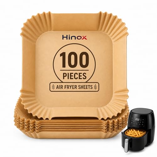 Image of HINOX Air Fryer Paper Liners Square Disposable, Non Stick Oil Proof Parchment Sheets, Heat Resistant Food Grade Baking Paper for Cooking & Frying (100 Sheets)