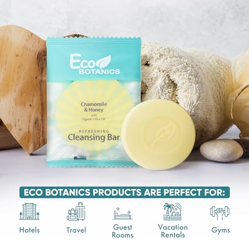 Eco Botanics Travel-Size Cleansing Bars | Individually Wrapped Single‑Use Hospitality & Hotel Amenities 0.5 oz | Case of 100 Thin Mini Soap Bars